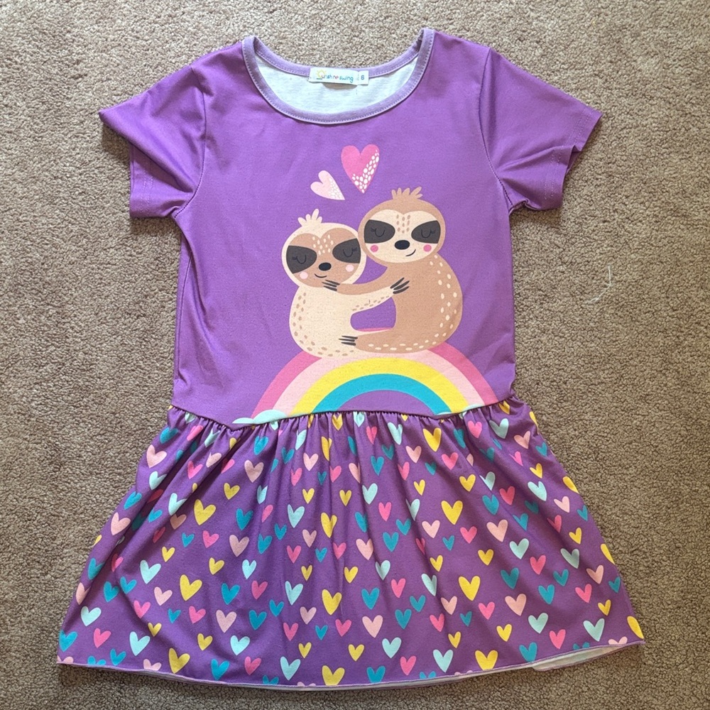 Sunshine Swing Purple Sloth Dress with Heart Pattern - EUC